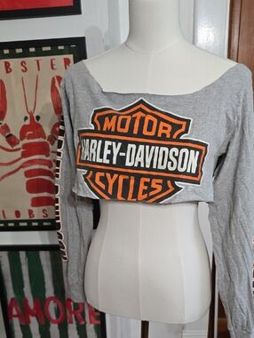 Harley-Davidson Gray Crop Top Off Shoulder Custom Medium